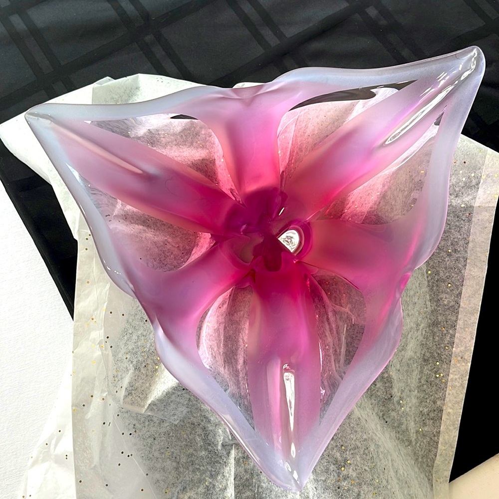 Stunning glass “bowl” with pink and purple glass, footed, unique and unusual